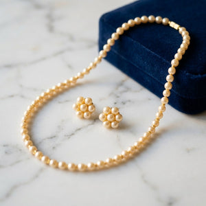 Golden Shell Pearl Flower Cluster Necklace and Earring Set (Close-up Detail) | The Colourful Aura
