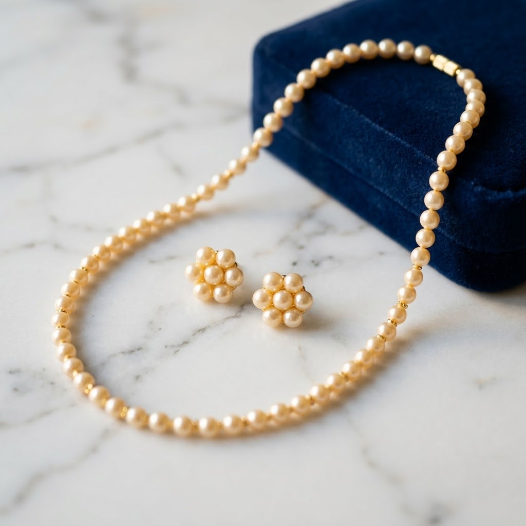 Golden Shell Pearl Flower Cluster Necklace and Earring Set (Close-up Detail) | The Colourful Aura