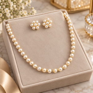 Golden Shell Pearl Flower Cluster Necklace and Earring Set (Close-up Detail) | The Colourful Aura