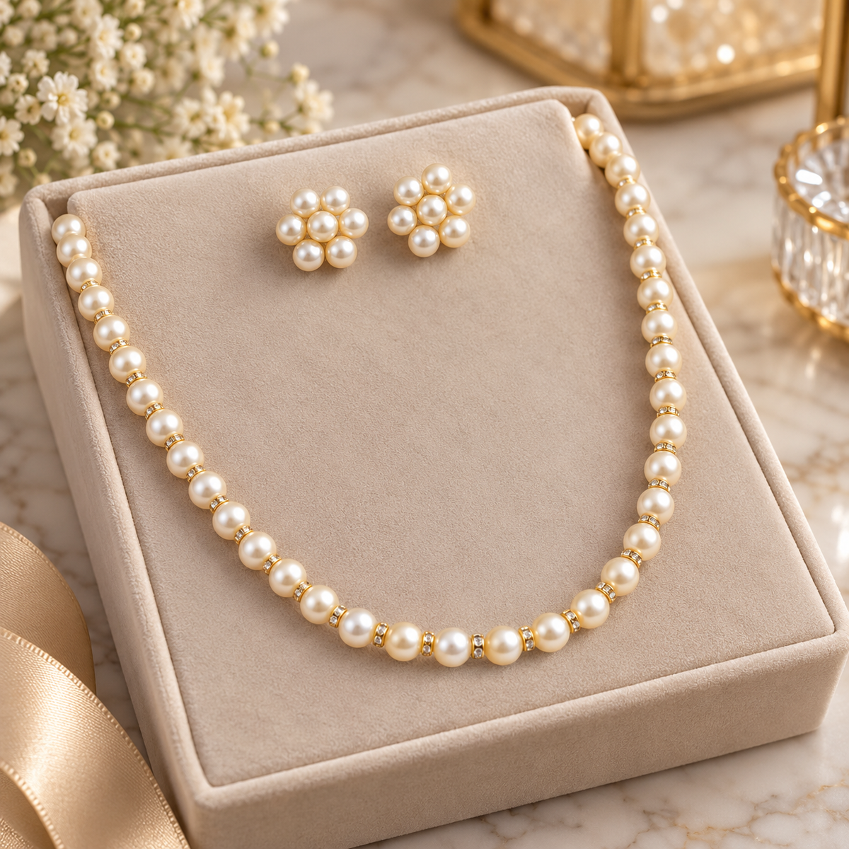 Golden Shell Pearl Flower Cluster Necklace and Earring Set (Close-up Detail) | The Colourful Aura