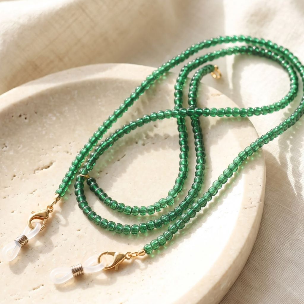 Green Glass Beaded Soft 60 cm Glass Chain Lanyard Holder (Lifestyle Flatlay) | The Colourful Aura