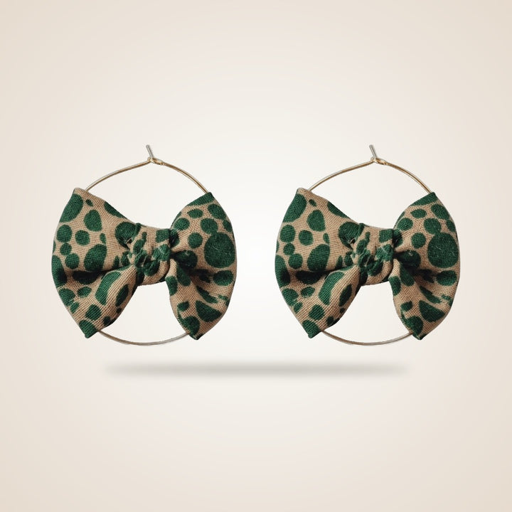 Large 30mm Gold Handmade Printed Fabric Boho Bow Tribal Dainty Hoop Earrings — Boho Jewellery UK | The Colourful Aura