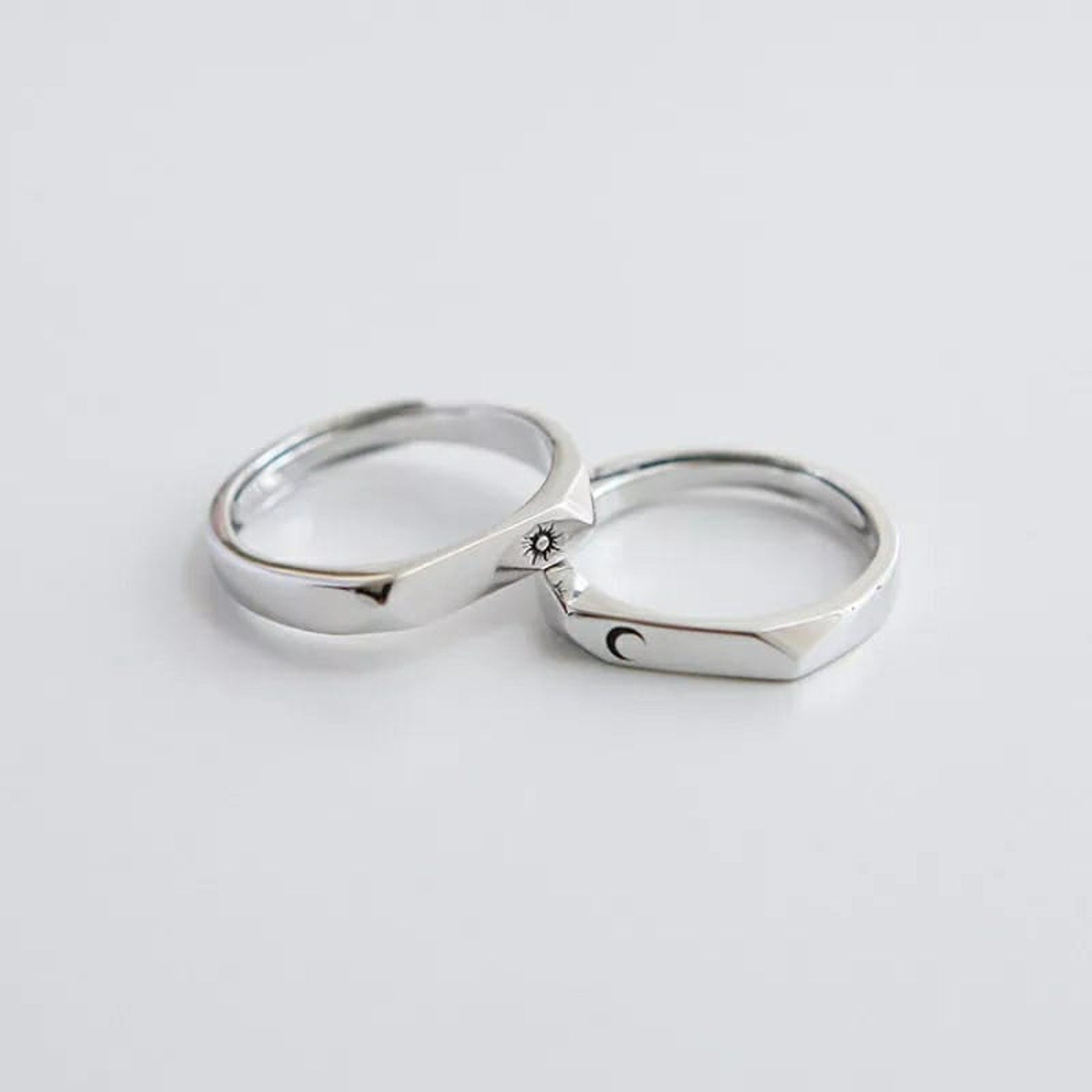 Flat Top Moon and Sun Promise Couple Matching Ring Set