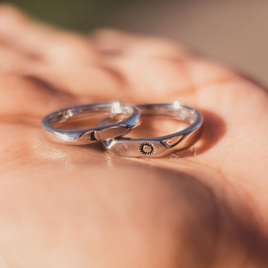 Flat Top Moon and Sun Promise Couple Matching Ring Set