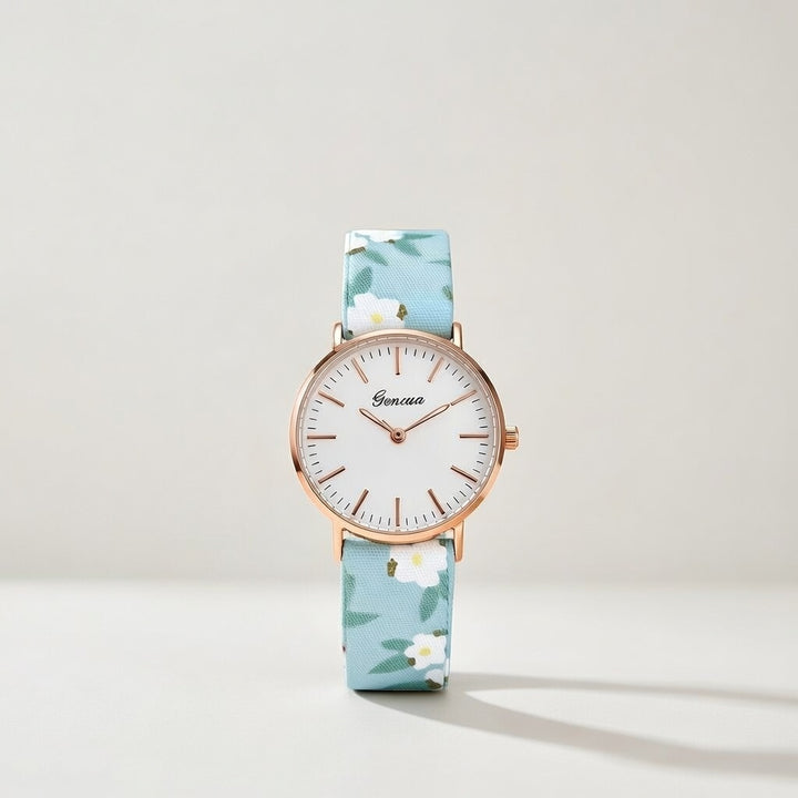 Light Blue Floral Print Changeable Fabric Strap Women Bracelet Wristwatch
