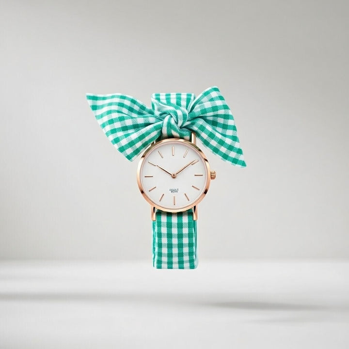 Green Plaid Cloth Changeable Cotton Tie Knot Strap Geneva Boho Wristwatch
