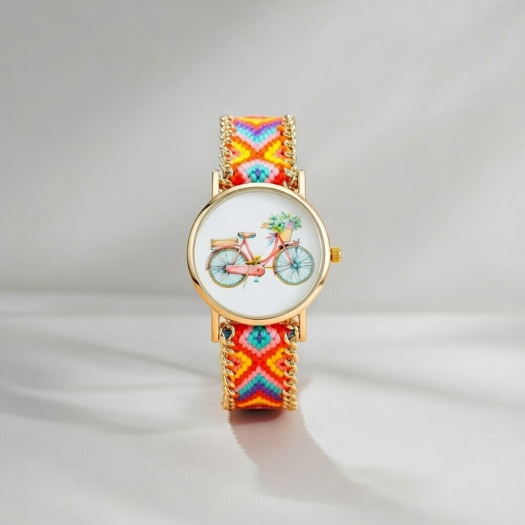 Boho Bracelet Cycle Print Jute Braided Gypsy Wrist Watch for Women