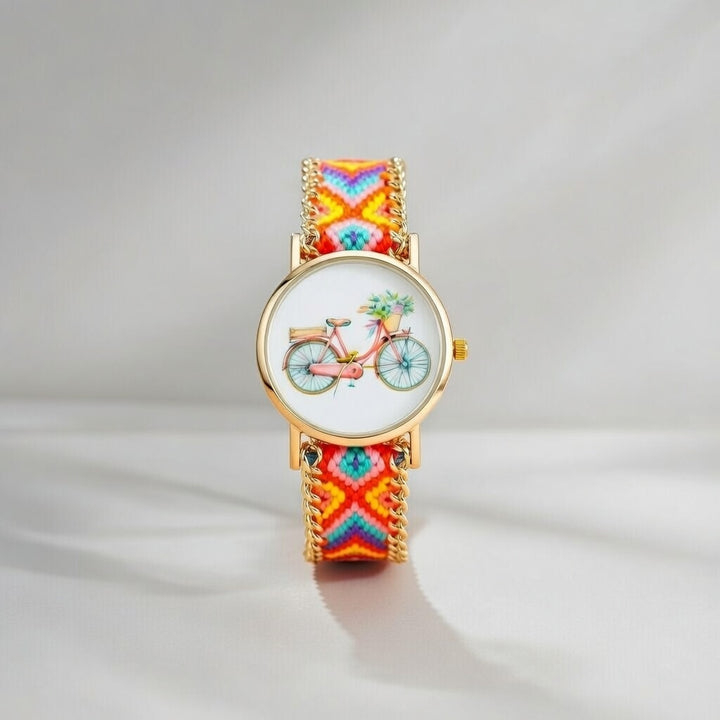 Boho Bracelet Cycle Print Jute Braided Gypsy Wrist Watch for Women
