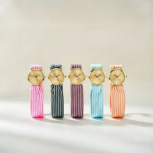 Pink women Stripe changeable cotton strap Geneva wristwatch — Boho Jewellery UK | The Colourful Aura