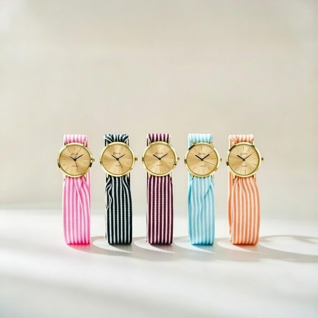 Pink women Stripe changeable cotton strap Geneva wristwatch — Boho Jewellery UK | The Colourful Aura