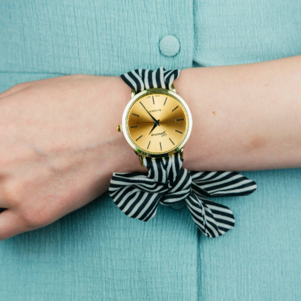 Black Changeable Stripe Cloth Women Bracelet Wristwatch (Close-up Detail) | The Colourful Aura