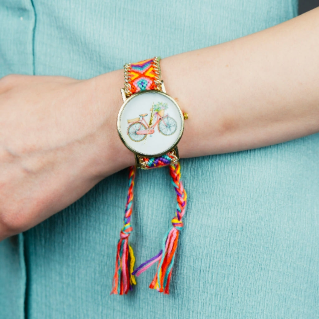 Orange Boho Bracelet Cycle Print Jute Braided Gypsy Wrist Watch for Women (Close-up Detail) | The Colourful Aura