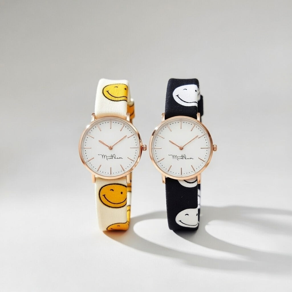 Black and Yellow Smiley Changeable Fabric Knot Tie Strap Boho Wristwatch