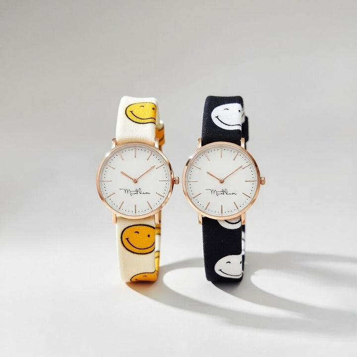 Black and Yellow Smiley Changeable Fabric Knot Tie Strap Boho Wristwatch