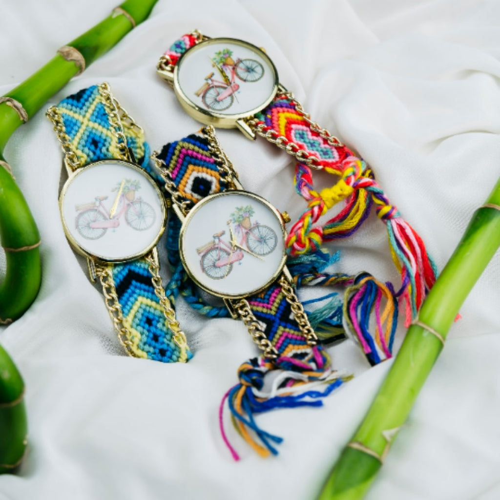 Boho Bracelet Cycle Print Jute Braided Gypsy Wrist Watch for Women (Close-up Detail) | The Colourful Aura