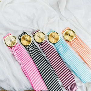 Black Changeable Stripe Cloth Women Bracelet Wristwatch (Close-up Detail) | The Colourful Aura