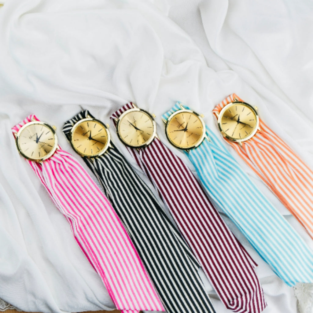 Black Changeable Stripe Cloth Women Bracelet Wristwatch (Close-up Detail) | The Colourful Aura