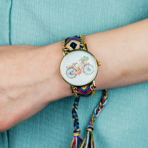 Brown Boho Bracelet Cycle Print Jute Braided Gypsy Wrist Watch for Women (Close-up Detail) | The Colourful Aura