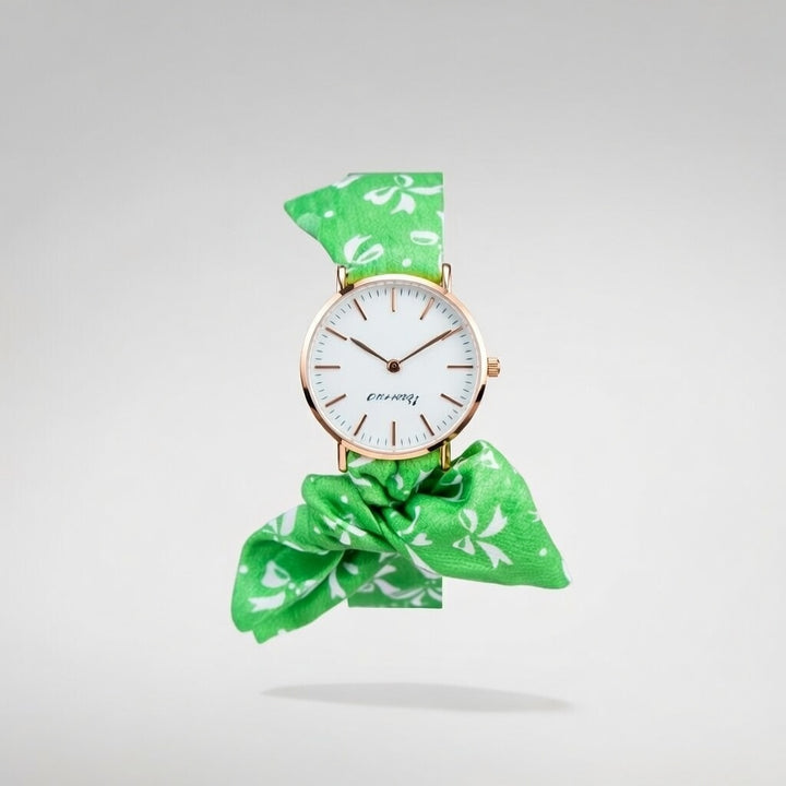 Green Floral Print Changeable Fabric Strap Tie Knot Women Wristwatch