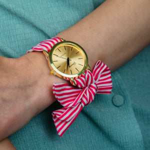 Pink Black Changeable Stripe Cloth Women Bracelet Wristwatch (Close-up Detail) | The Colourful Aura