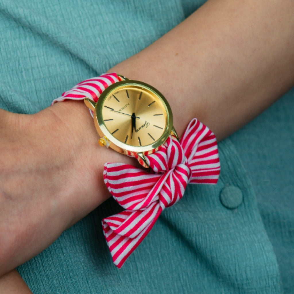 Pink Black Changeable Stripe Cloth Women Bracelet Wristwatch (Close-up Detail) | The Colourful Aura