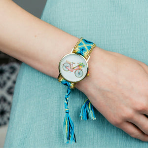 Blue Boho Bracelet Cycle Print Jute Braided Gypsy Wrist Watch for Women (Close-up Detail) | The Colourful Aura