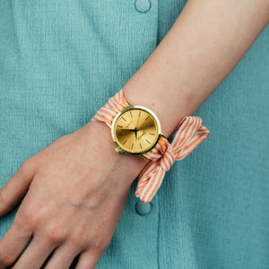 Orange Black Changeable Stripe Cloth Women Bracelet Wristwatch (Close-up Detail) | The Colourful Aura