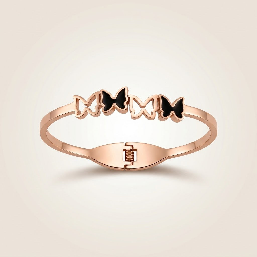 Kids Rose Gold Black Butterfly Charm Non-Tarnish Bangle Bracelet — Boho Jewellery UK | The Colourful Aura