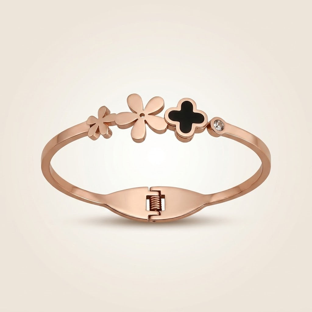 Kids Rose Gold Flower Clover Charm Non-Tarnish Bangle Bracelet — Boho Jewellery UK | The Colourful Aura
