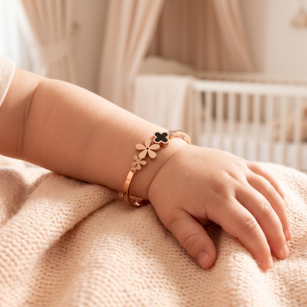 Kids Rose Gold Flower Clover Charm Non-Tarnish Bangle Bracelet (Close-up Detail) | The Colourful Aura