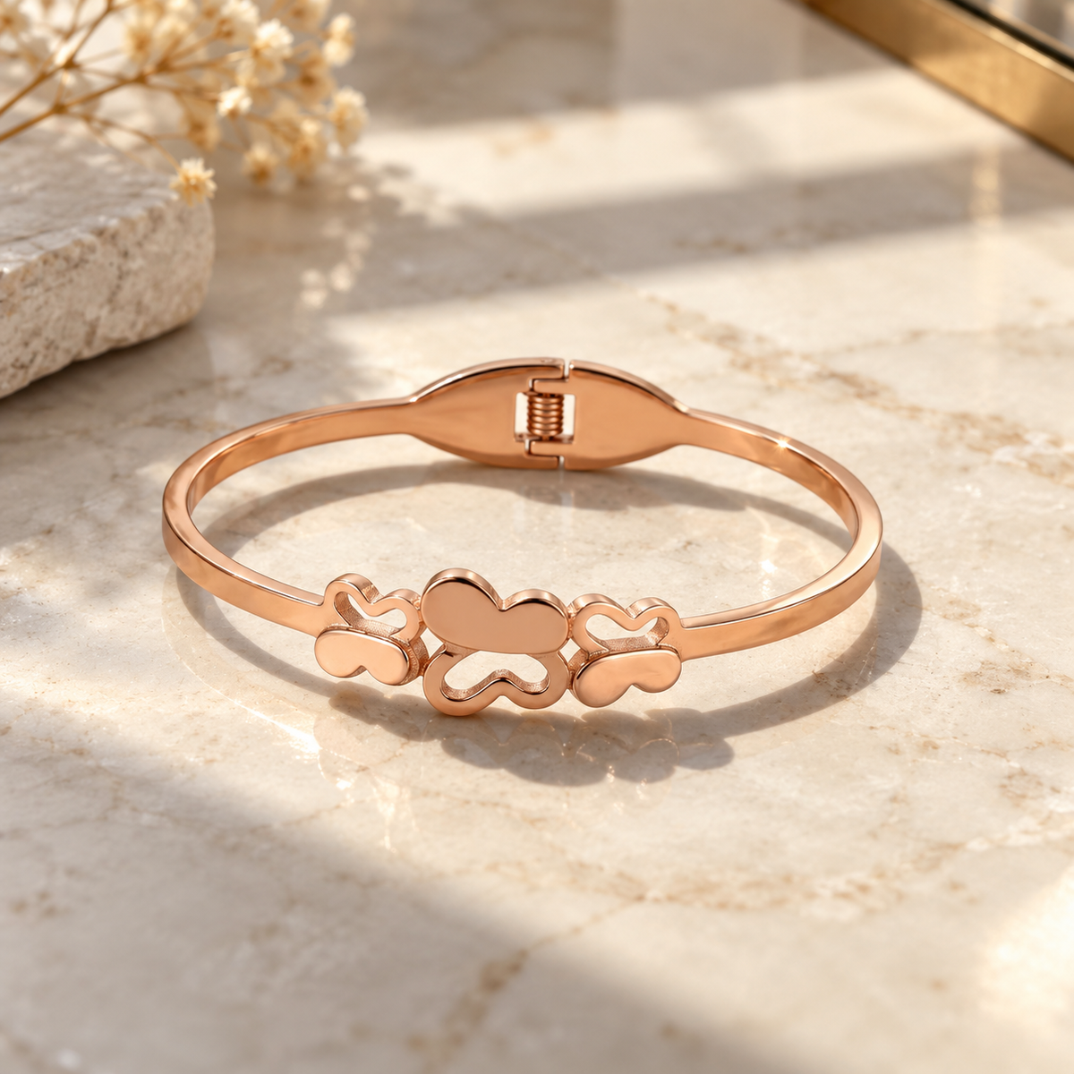 Kids Rose Gold Triple Heart Charm Non-Tarnish Bangle Bracelet (Close-up Detail) | The Colourful Aura