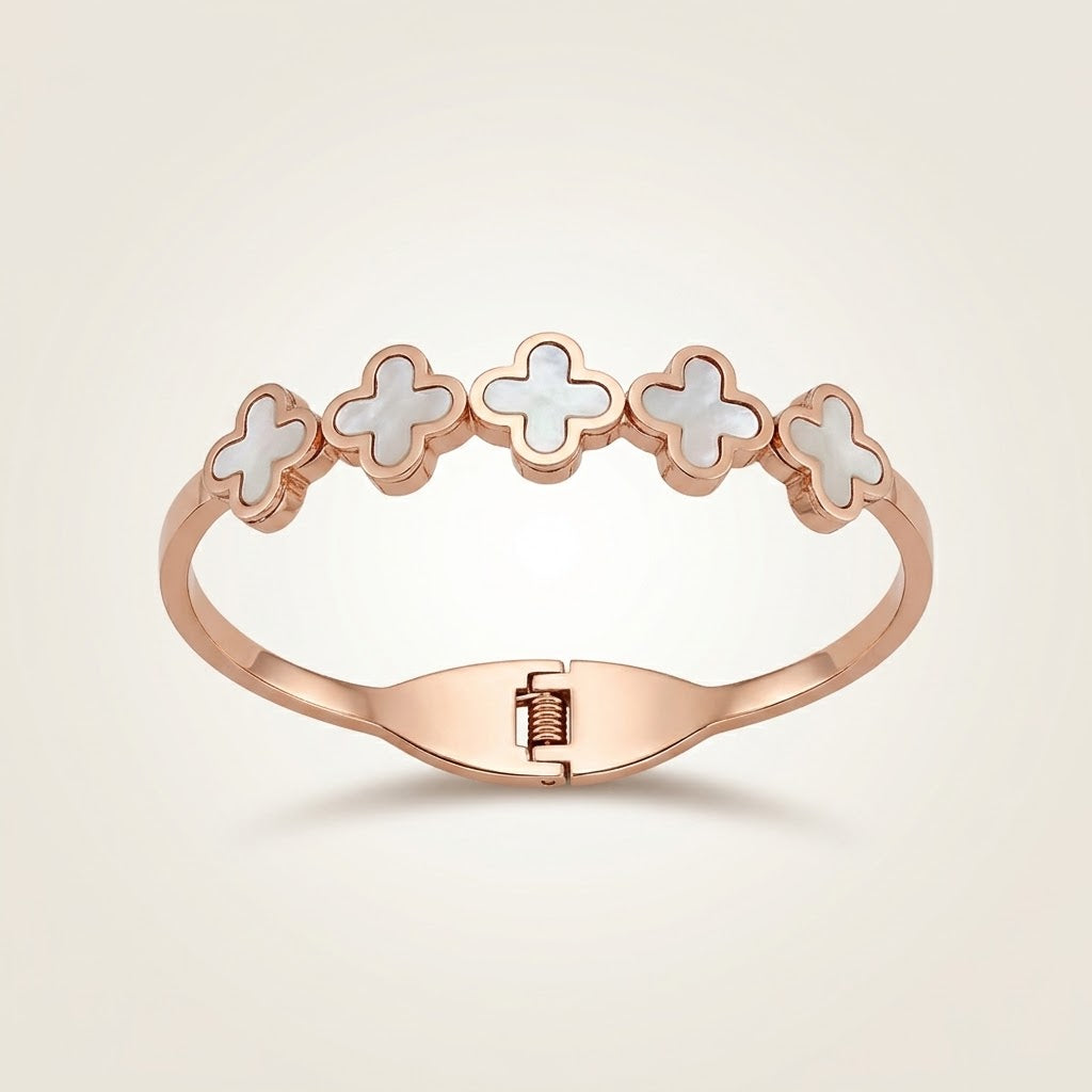 Kids Rose Gold White Clover Charm Non-Tarnish Bangle Bracelet — Boho Jewellery UK | The Colourful Aura