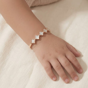 Kids Rose Gold White Clover Charm Non-Tarnish Bangle Bracelet (Close-up Detail) | The Colourful Aura