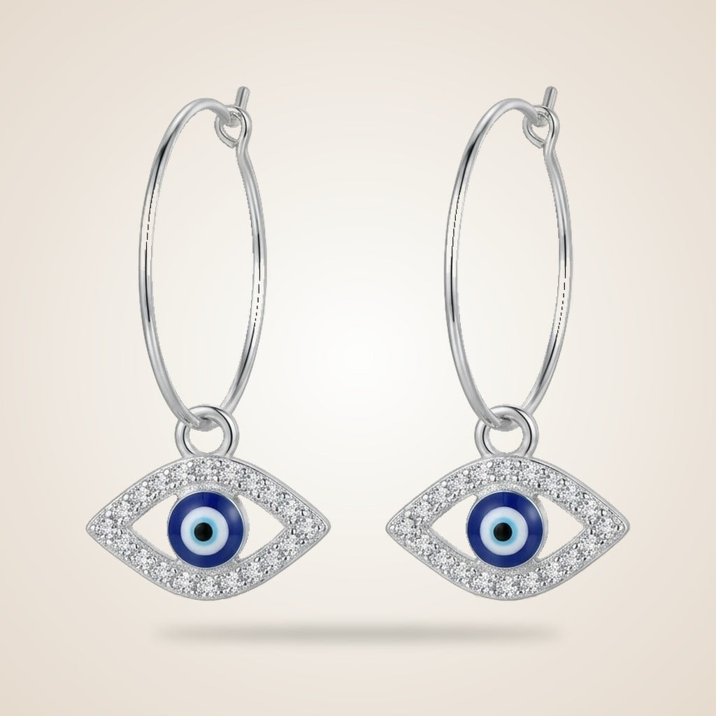 Large Evil Eye Zircon Charm Dangle Dainty 30mm Protection Hoop Earrings — Boho Jewellery UK | The Colourful Aura