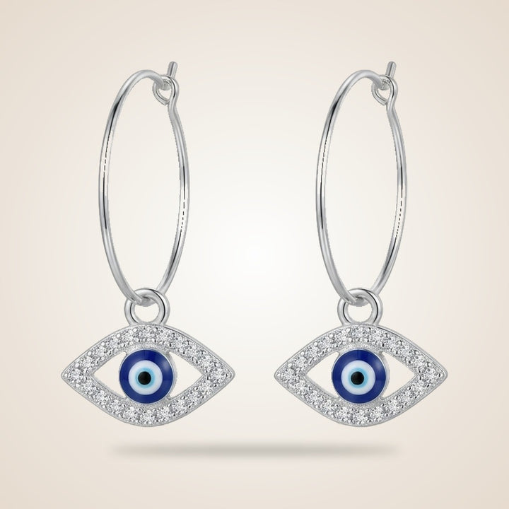 Large Evil Eye Zircon Charm Dangle Dainty 30mm Protection Hoop Earrings — Boho Jewellery UK | The Colourful Aura