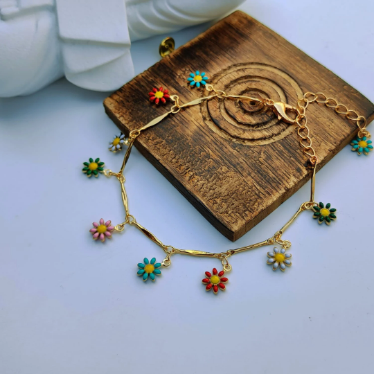 Colourful Rainbow Sun Flower Dangle Indie Boho Daisy Floral Charms Bracelet