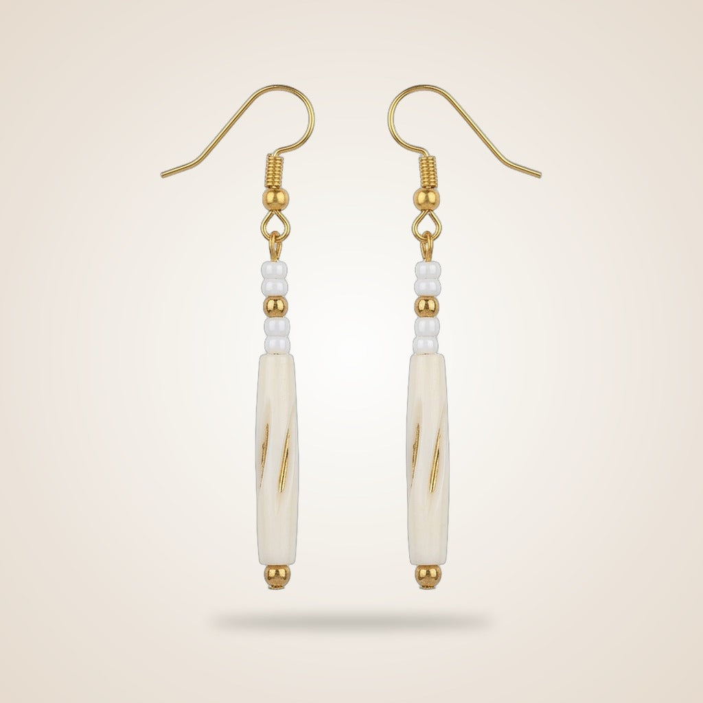 Long Pipe Slim Shell Lightweight Minimalist Beach Dainty White Drop Hook Earring — Boho Jewellery UK | The Colourful Aura