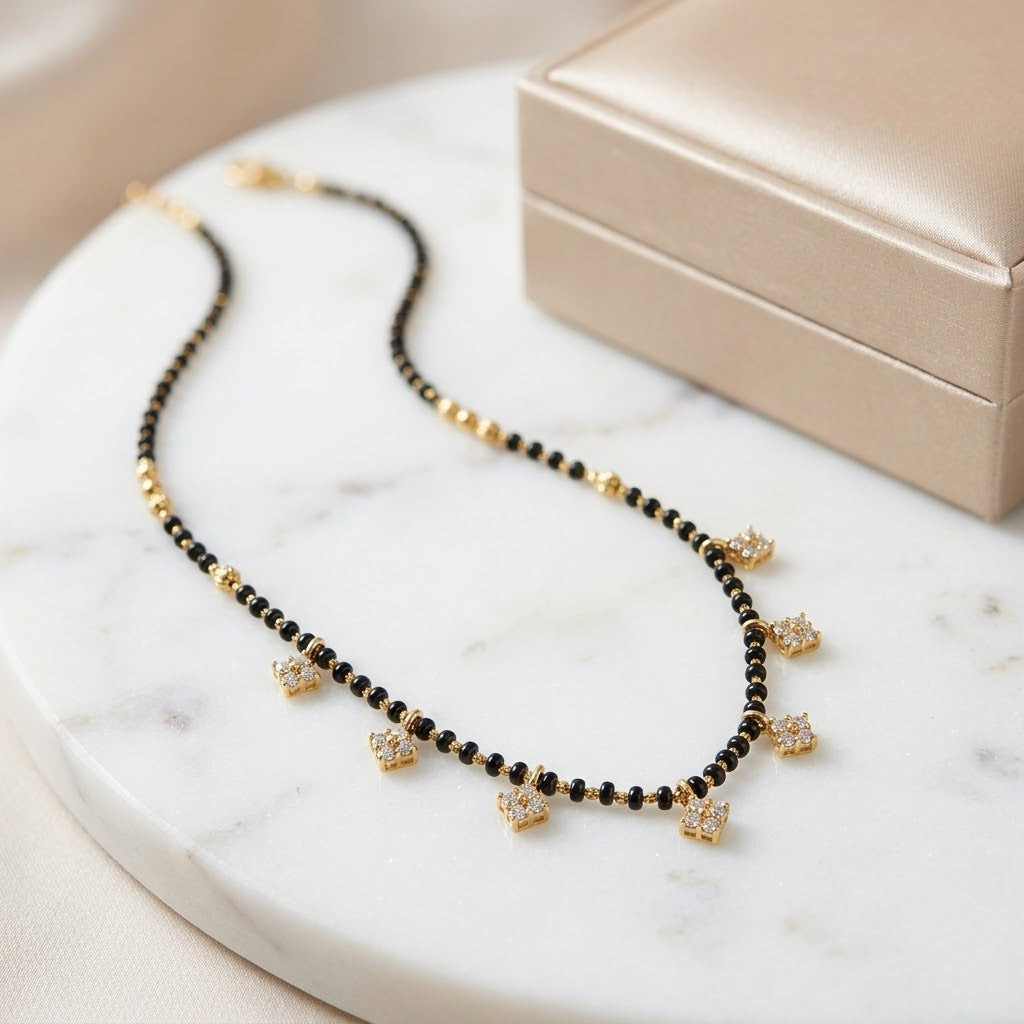 Modern Graduated Diamond Charm Black Beaded 18ct Gold Plated Mangalsutra Necklace (Close-up Detail) | The Colourful Aura