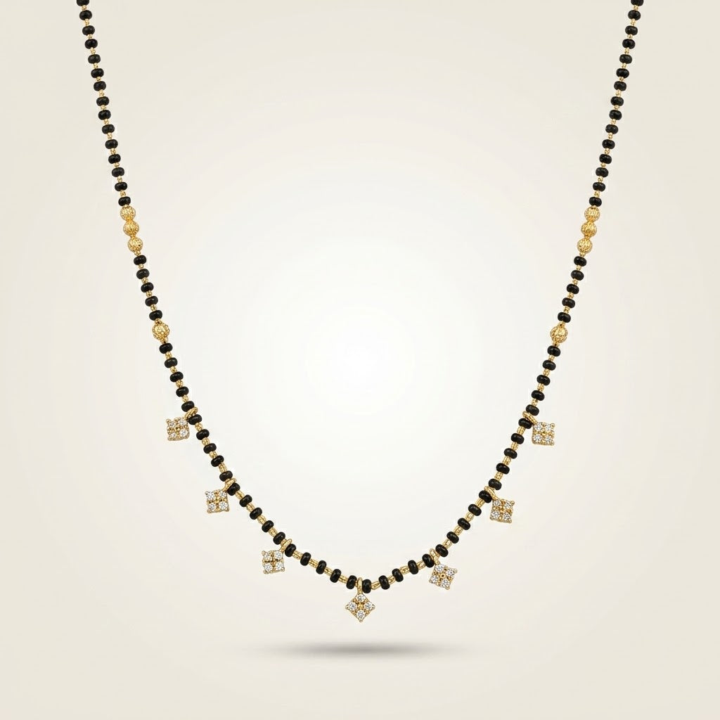 Modern Graduated Diamond Charm Black Beaded 18ct Gold Plated Mangalsutra Necklace (Close-up Detail) | The Colourful Aura