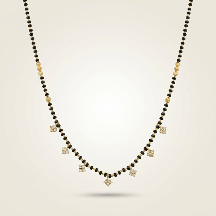 Modern Graduated Diamond Charm Black Beaded 18ct Gold Plated Mangalsutra Necklace (Close-up Detail) | The Colourful Aura