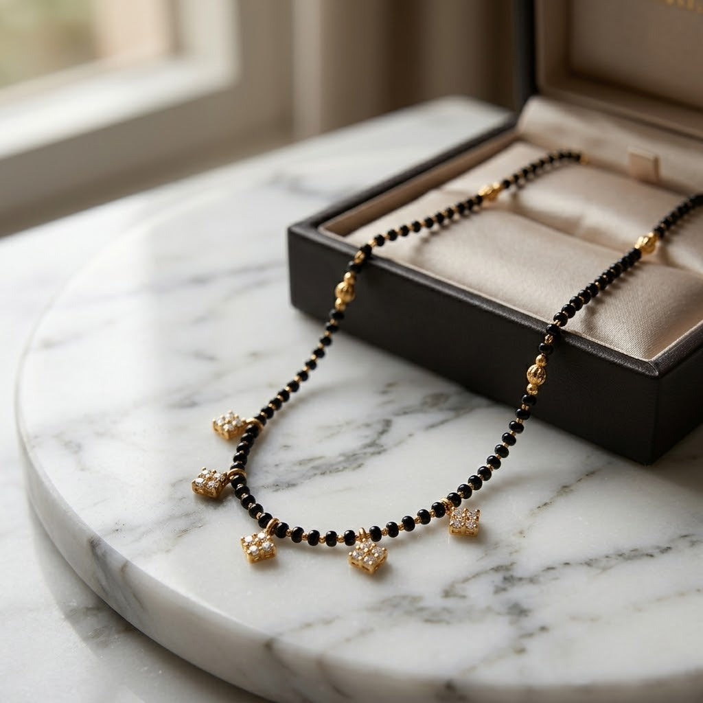 Modern Graduated Diamond Charm Black Beaded 18ct Gold Plated Mangalsutra Necklace (Close-up Detail) | The Colourful Aura