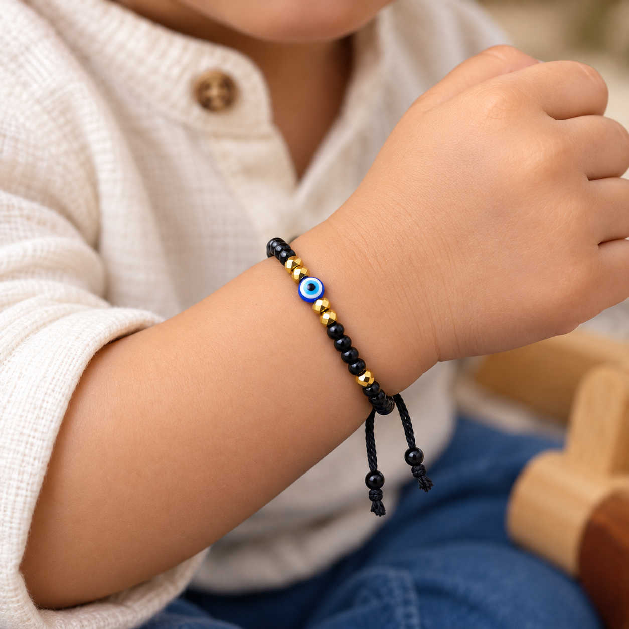 Nylon Thread Black Bead Evil Eye Nazaria Bracelet for Kids (Close-up Detail) | The Colourful Aura