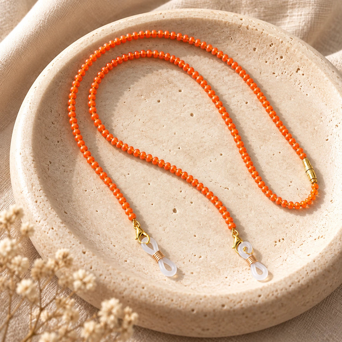 Orange Beaded Soft 65 cm Glass Chain Lanyard Holder (Close-up Detail) | The Colourful Aura