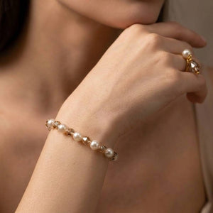 Pearl and Champagne Crystal Beaded Bracelet in 18ct Gold Plate — Boho Jewellery UK | The Colourful Aura