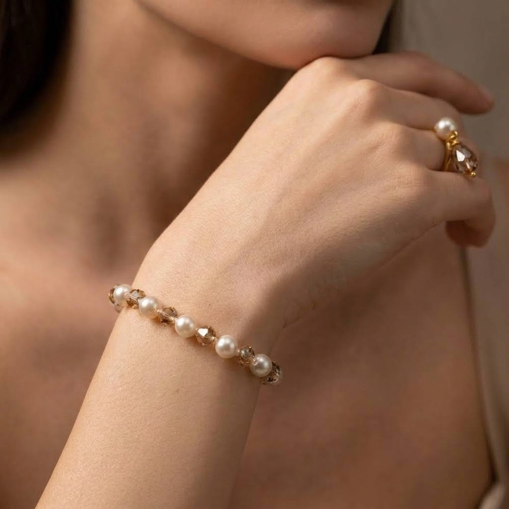 Pearl and Champagne Crystal Beaded Bracelet in 18ct Gold Plate — Boho Jewellery UK | The Colourful Aura