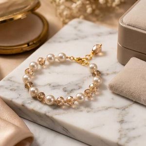 Pearl and Champagne Crystal Beaded Bracelet in 18ct Gold Plate (Close-up Detail) | The Colourful Aura