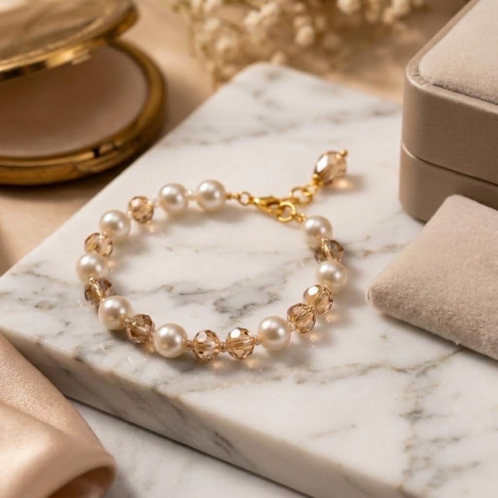 Pearl and Champagne Crystal Beaded Bracelet in 18ct Gold Plate (Close-up Detail) | The Colourful Aura