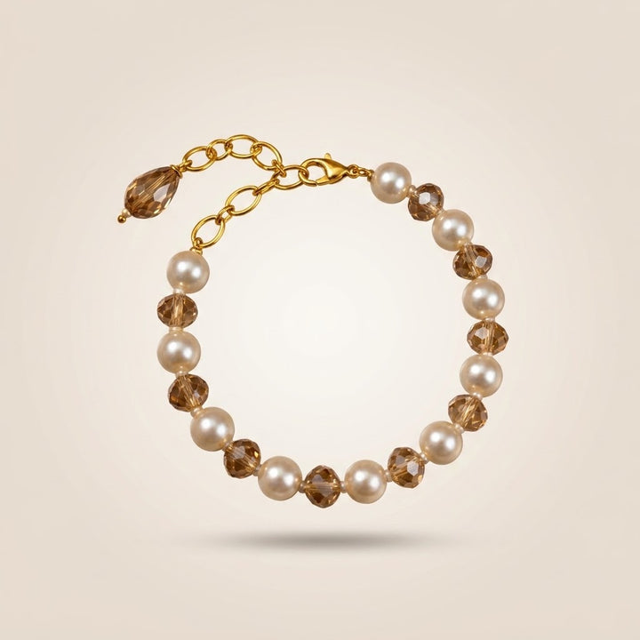 Pearl and Champagne Crystal Beaded Bracelet in 18ct Gold Plate (Close-up Detail) | The Colourful Aura