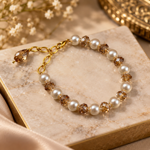 Pearl and Champagne Crystal Beaded Bracelet in 18ct Gold Plate (Close-up Detail) | The Colourful Aura