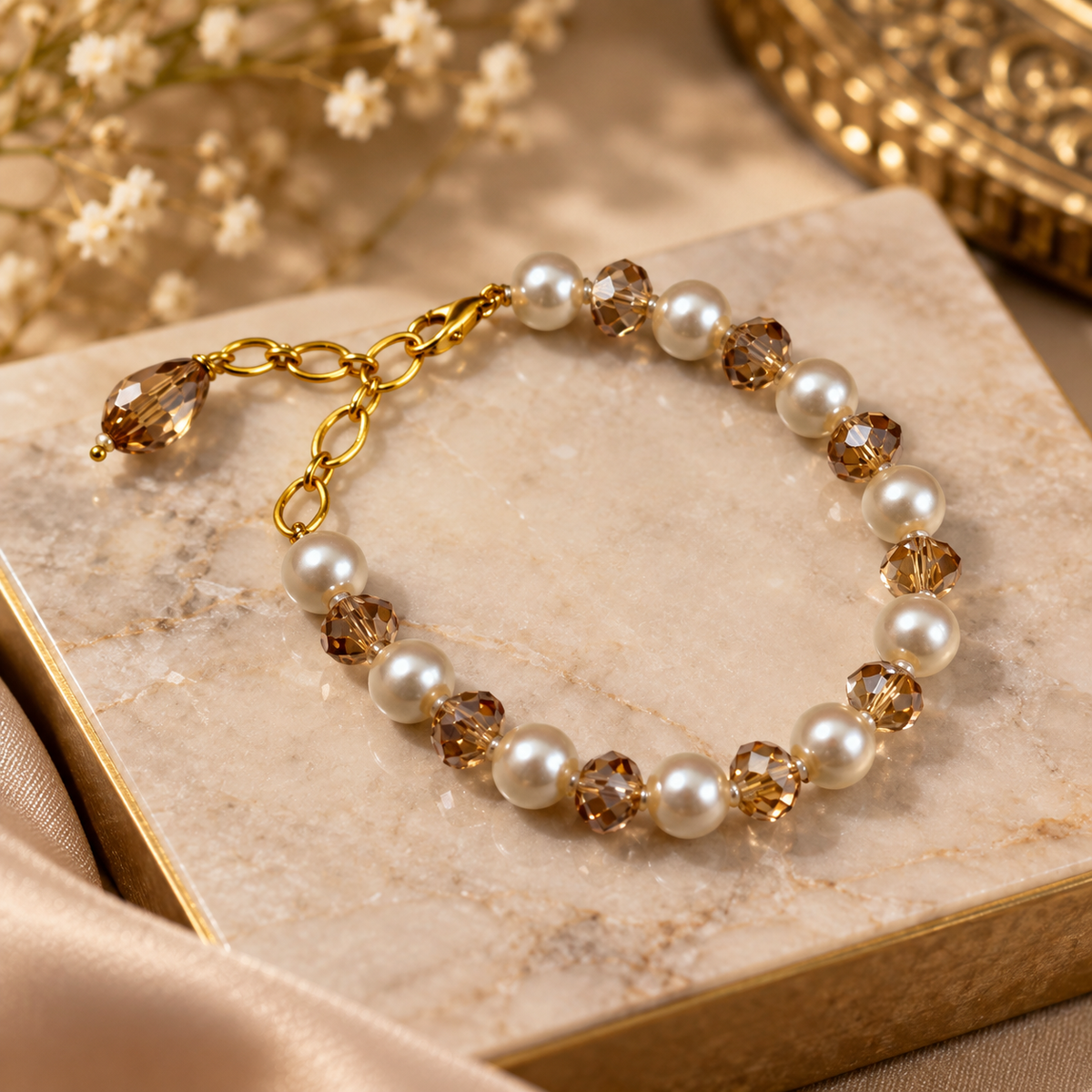 Pearl and Champagne Crystal Beaded Bracelet in 18ct Gold Plate (Close-up Detail) | The Colourful Aura